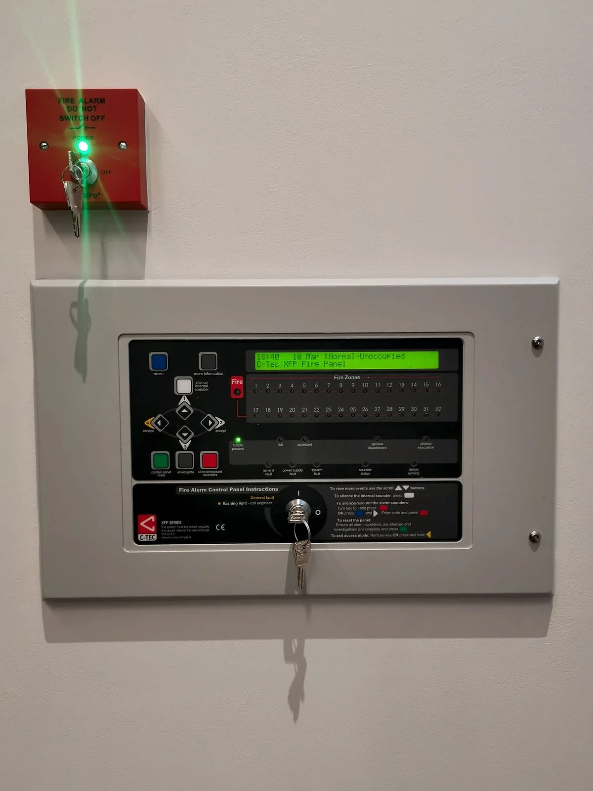 C-TEC addressable fire alarm control panel with key switch and status display